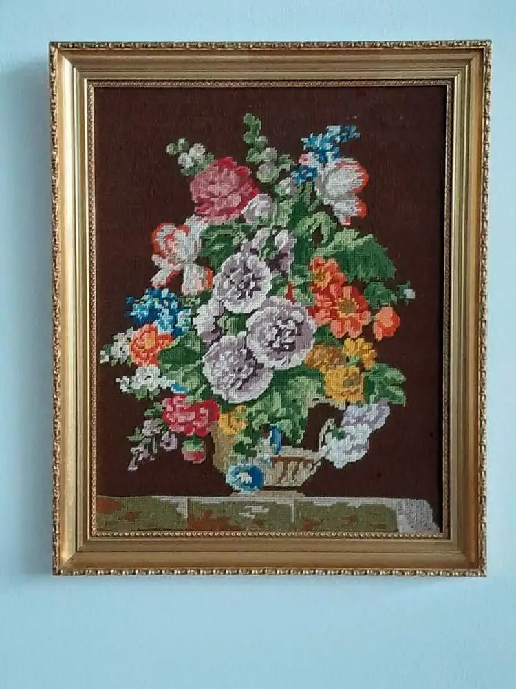 H528-Gobelin-Stillleben-Bild-Gemälde-Blumen-gerahmt- 0