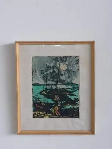 H1106-Farbradierung-Küstenort-Bild-Passepartout-signiert-gerahmt-Gemälde-