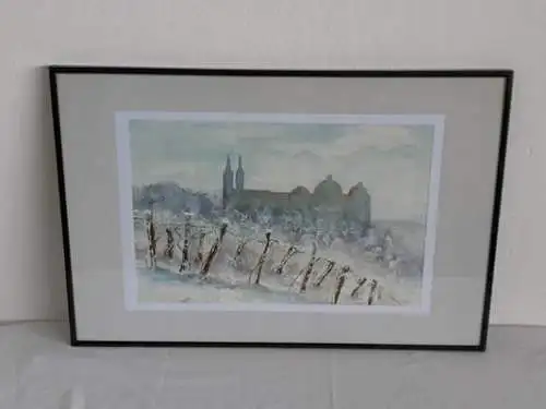 H1109-Landschaftsbild-Aquarell-gerahmt-monogrammiert-Passepartout-