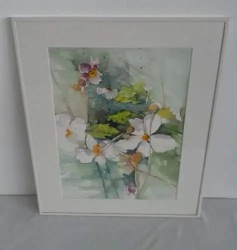H936-Aquarell-Blumenbild-Gemälde-Bild-gerahmt-signiert-datiert-Passepartout-