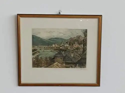 H136-Radierung-Bild-signiert-Gemälde-Stadtbild-hinter Glas-gerahmt