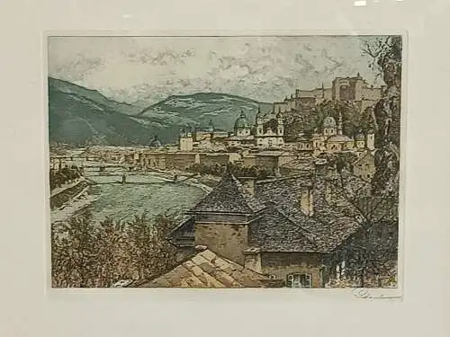 H136-Radierung-Bild-signiert-Gemälde-Stadtbild-hinter Glas-gerahmt