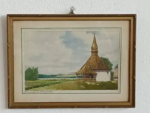 H153-Aquarell-hinter Glas-Landschaftsbild-Gemälde-Bild-Klopeiner See-gerahmt