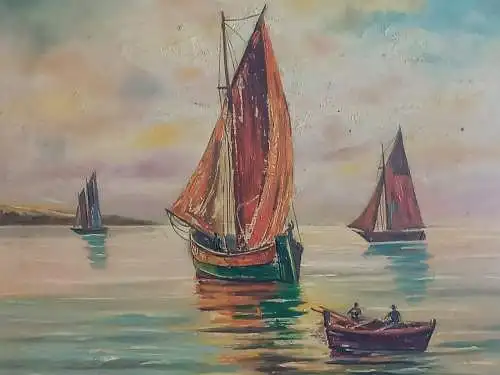H129-Ölbild-Öl auf Holz-gerahmt-Gemälde-Bild-Segelboote-Ölgemälde