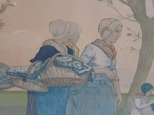 H517-Colorierte Lithographie-Gemälde-Bild-gerahmt-Holländisches Motiv-