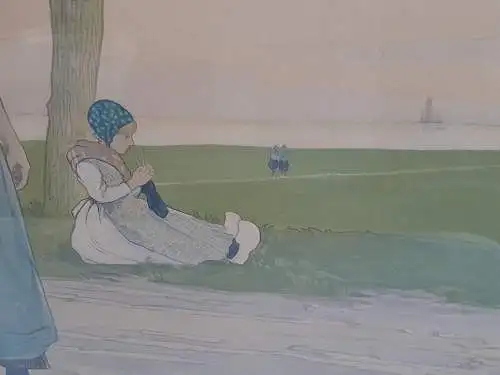 H517-Colorierte Lithographie-Gemälde-Bild-gerahmt-Holländisches Motiv-