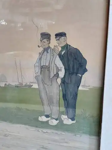 H517-Colorierte Lithographie-Gemälde-Bild-gerahmt-Holländisches Motiv-