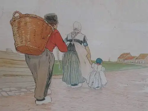 H516-Colorierte Lithographie-Bild-Holländisches Motiv-Gemälde-gerahmt-