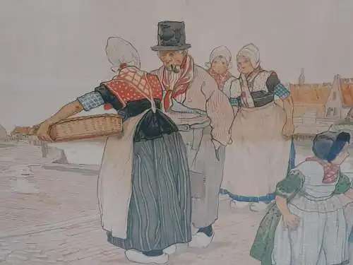 H516-Colorierte Lithographie-Bild-Holländisches Motiv-Gemälde-gerahmt-