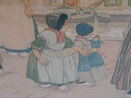 H516-Colorierte Lithographie-Bild-Holländisches Motiv-Gemälde-gerahmt-