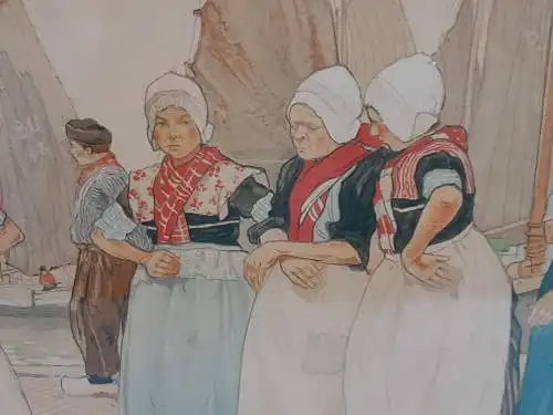 H516-Colorierte Lithographie-Bild-Holländisches Motiv-Gemälde-gerahmt-