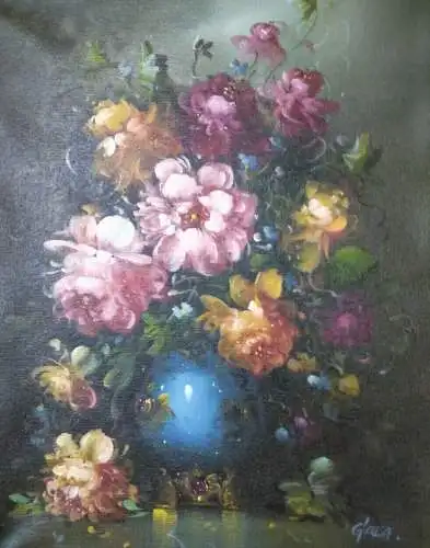 H67-Stillleben-Gemälde-Bild-Prunkrahmen-Blumenvase-Öl auf Leinen-signiert-