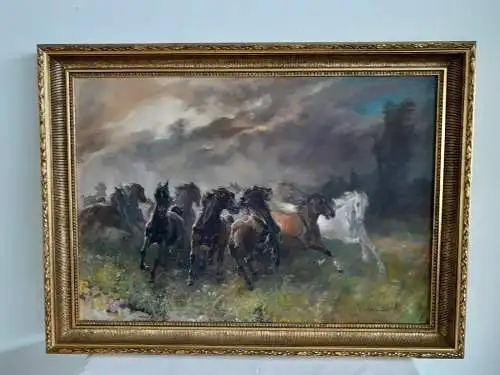 H660-Pferdebild-Wildpferde-Öl auf Leinen-Ölbild-Ölgemälde-signiert-gerahmt-