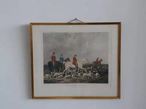 H663-Kupferstich-Fuchsjagd-Bild-Gemälde-Passepartout-gerahmt-hinter Glas-