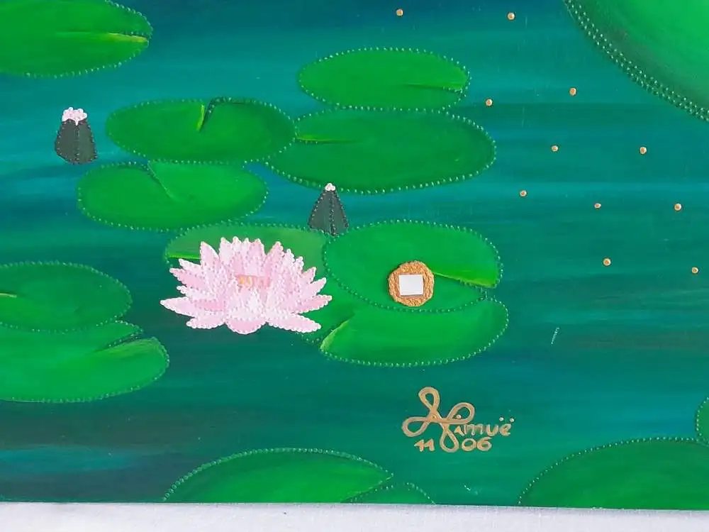 H685-Gemälde-Bild-Mischtechnik-Frau mit Wasserlilien-signiert- 3