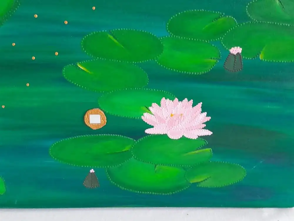 H685-Gemälde-Bild-Mischtechnik-Frau mit Wasserlilien-signiert- 4