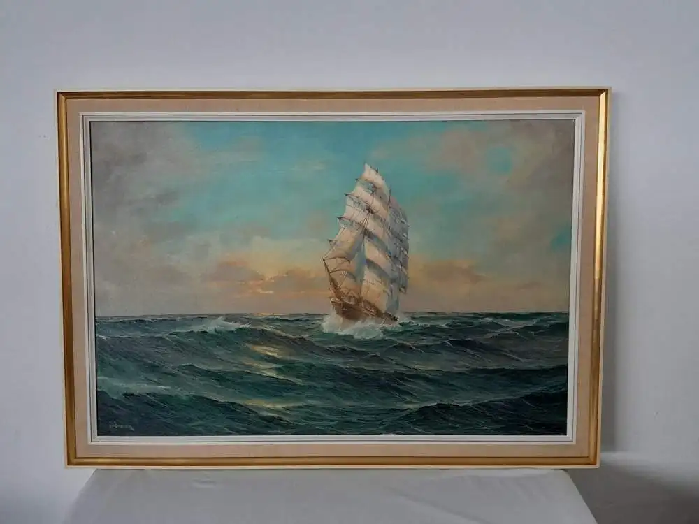 H1216-Ölbild-Segelschiff am Meer-Öl auf Leinen-signiert-gerahmt-Ölgemälde- 0