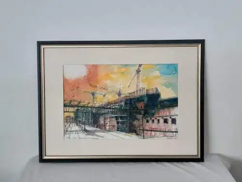 H1231-Aquarell-EU-Parlament-Brüssel-Gemälde-Bild-signiert-gerahmt-Passepartout