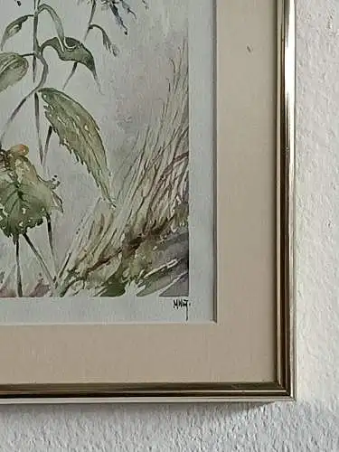 H181-Aquarellbild hinter Glas-Blumenbild-Stillleben-Aquarell-Passepartout