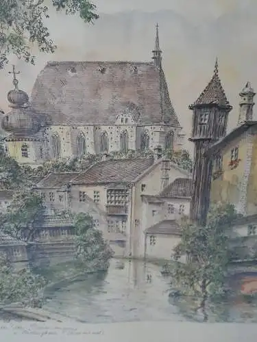 H1261-Colorierte Tuschezeichnung-Mödling bei Wien-Bild-Gemälde-gerahmt-signiert