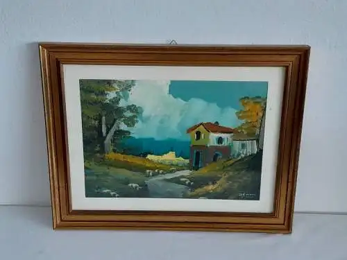H1393-Landschaftsbild-Ölbild-hinter Glas-Passepartout-signiert-gerahmt