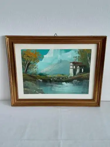 H1392-Landschaftsbild-Ölbild-hinter Glas-Passepartout-signiert-gerahmt-
