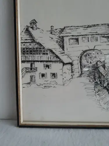 H519-Stadtbild-Gemälde-Bild-Tuschezeichnung-gerahmt-Zeichnung-