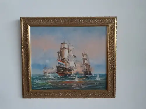 H1405-Ölbild-Schiffe-Öl auf Leinen und auf Karton-Ölgemälde-signiert-gerahmt