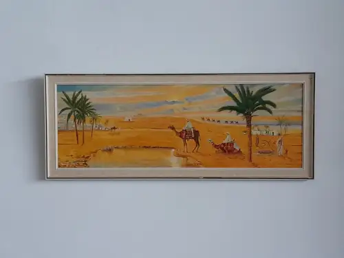 H1407-Orientalisches-Ölbild-Öl auf Leinen-Karawane in der Wüste-Ölgemälde
