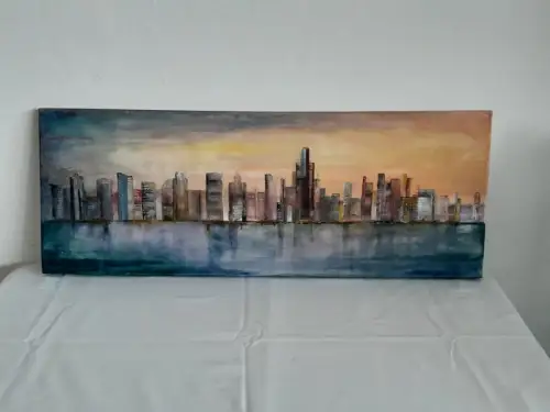 H1412-Ölbild-Öl auf Leinen-Ölgemälde-Skyline-Stadt am Meer-