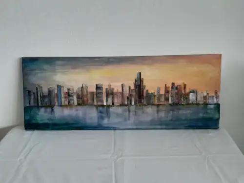 H1412-Ölbild-Öl auf Leinen-Ölgemälde-Skyline-Stadt am Meer-
