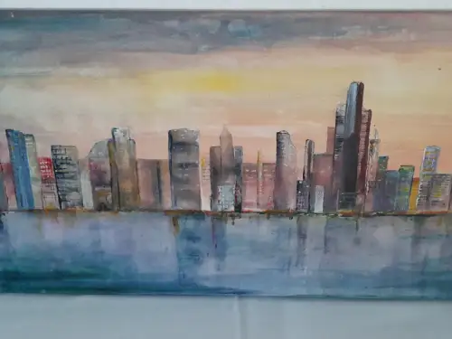 H1412-Ölbild-Öl auf Leinen-Ölgemälde-Skyline-Stadt am Meer-