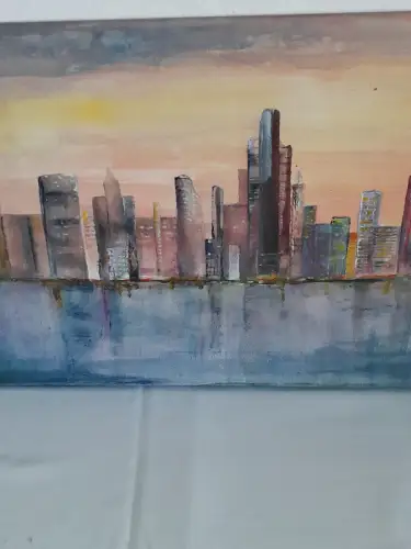 H1412-Ölbild-Öl auf Leinen-Ölgemälde-Skyline-Stadt am Meer-