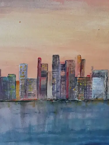 H1412-Ölbild-Öl auf Leinen-Ölgemälde-Skyline-Stadt am Meer-