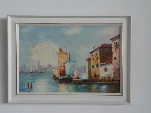 H1414-Ölbild-Öl auf Leinen-Ölgemälde-Venedig-signiert-gerahmt-