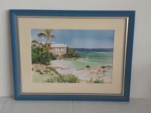 H1415-Aquarell-Küstenort-Bild-Gemälde-Passepartout-gerahmt