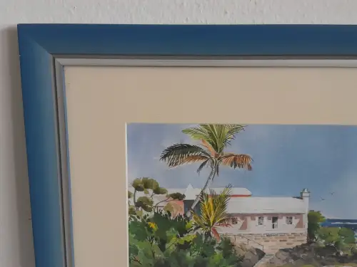 H1415-Aquarell-Küstenort-Bild-Gemälde-Passepartout-gerahmt