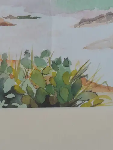 H1415-Aquarell-Küstenort-Bild-Gemälde-Passepartout-gerahmt