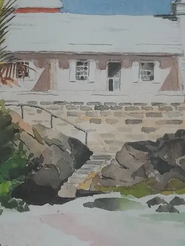 H1415-Aquarell-Küstenort-Bild-Gemälde-Passepartout-gerahmt