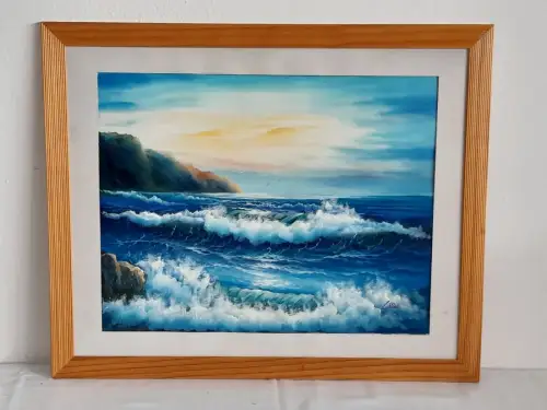 H1416-Ölbild-Brandung-Ölgemälde-Öl auf Leinen-signiert-gerahmt-