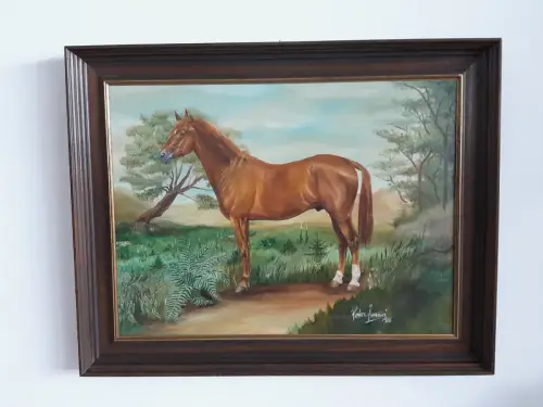 H1418-Ölbild-Öl auf Leinen-Tierbild-Pferd-Ölgemälde-signiert-datiert-gerahmt