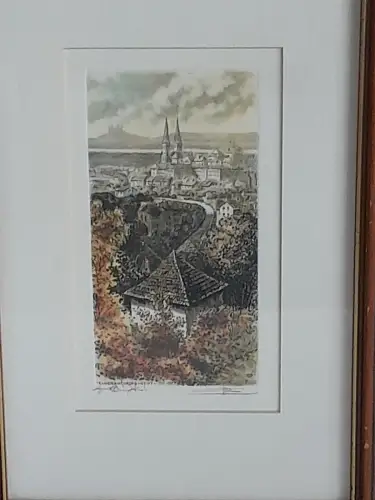 H1419-Farbradierung-signiert-gerahmt-Bild-Gemälde-Stadtbild-Passepartout