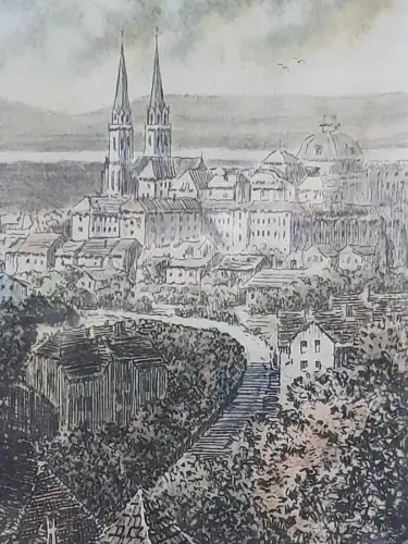 H1419-Farbradierung-signiert-gerahmt-Bild-Gemälde-Stadtbild-Passepartout
