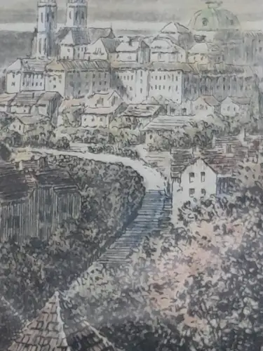 H1419-Farbradierung-signiert-gerahmt-Bild-Gemälde-Stadtbild-Passepartout