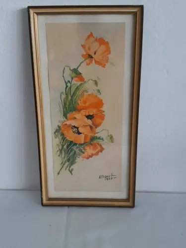 H1423-Aquarell-Blumenbild-Gemälde-Mohnblumen-Bild-signiert-gerahmt