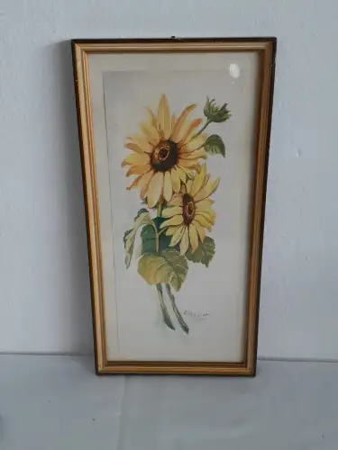 H1424-Aquarell-Sonnenblumen-Bild-Gemälde-signiert-gerahmt-Passepartout-