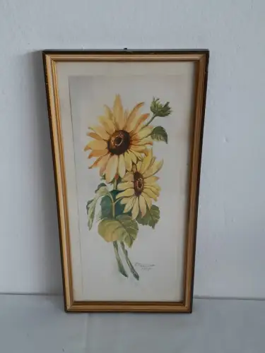 H1424-Aquarell-Sonnenblumen-Bild-Gemälde-signiert-gerahmt-Passepartout-