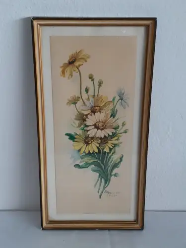 H1425-Aquarell-Bild-Gemälde-Passepartout-Blume-Margeriten-signiert-gerahmt