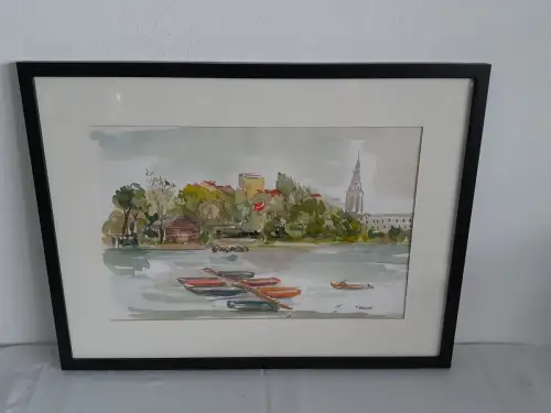 H1427-Aquarell-Bild-Flusslandschaft-Gemälde-Passepartout-signiert-gerahmt-