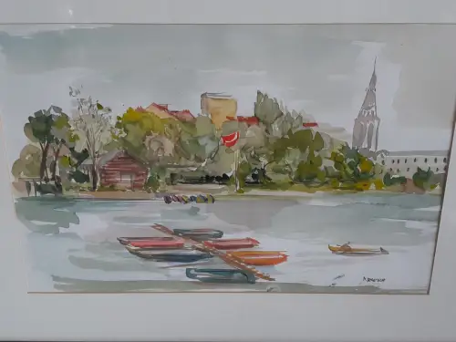 H1427-Aquarell-Bild-Flusslandschaft-Gemälde-Passepartout-signiert-gerahmt-